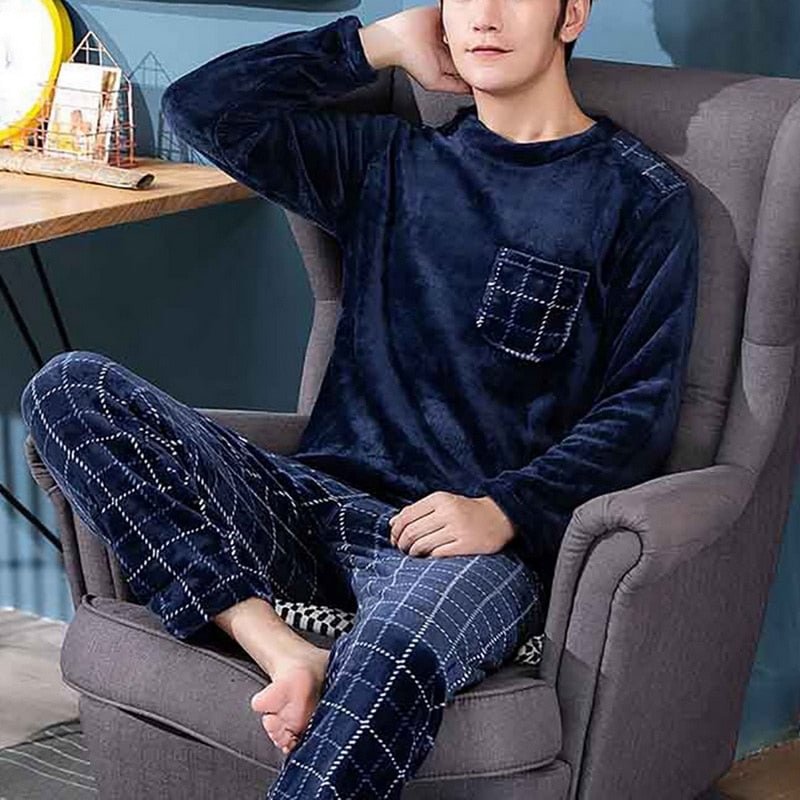 Men's Fannal Pajamas New Autumn Winter 2 Pcs Set Long-sleeved Thickened Plus Fleece Youth Pigiama Round Neck Home Service Suit