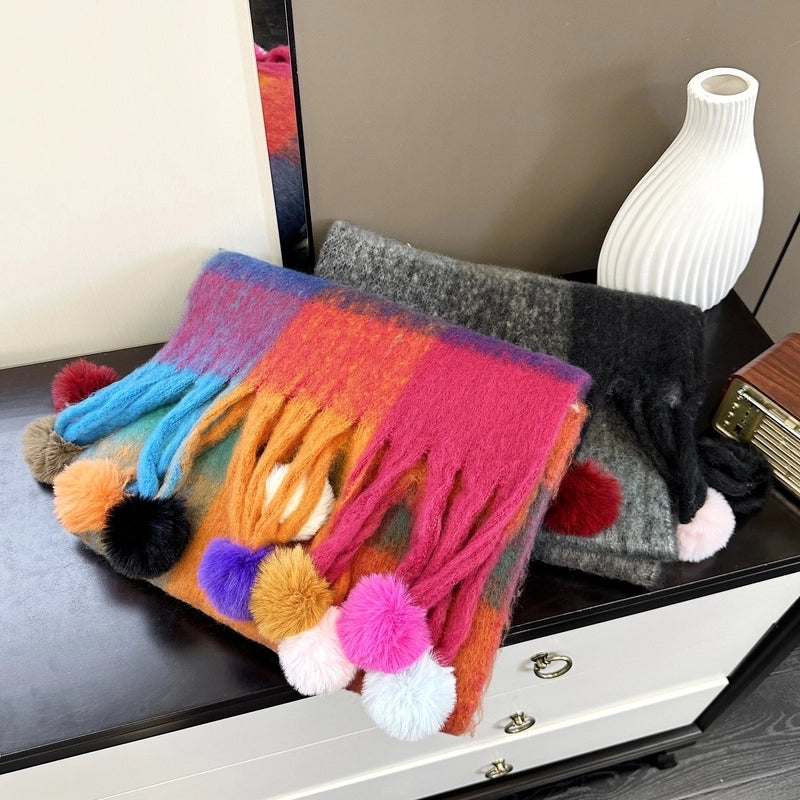 New Rainbow Stitching Dyed Plaid Scarf Women’s Winter Atmosphere Long Style Thickened Tassel Scarf