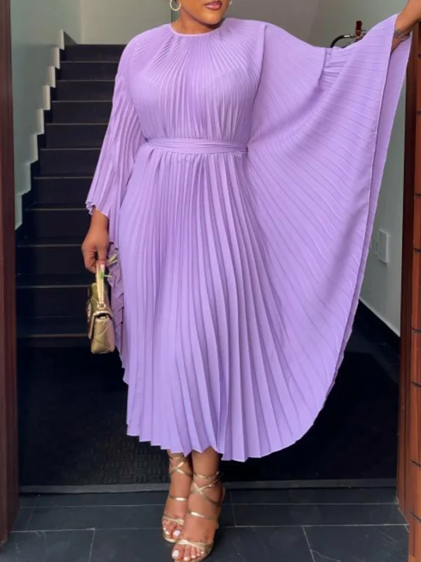 Pleated Batwing Sleeves Loose Round-Neck Maxi Dresses