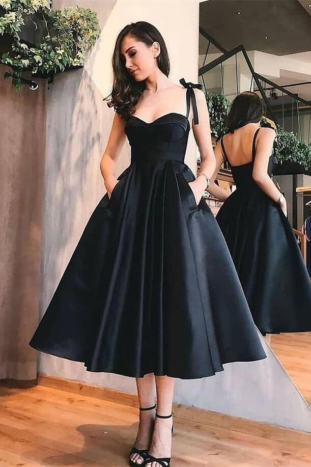 Oknass Sweetheart Black A-Line Spaghetti-Straps Tea Length Evening Dress With Pockets