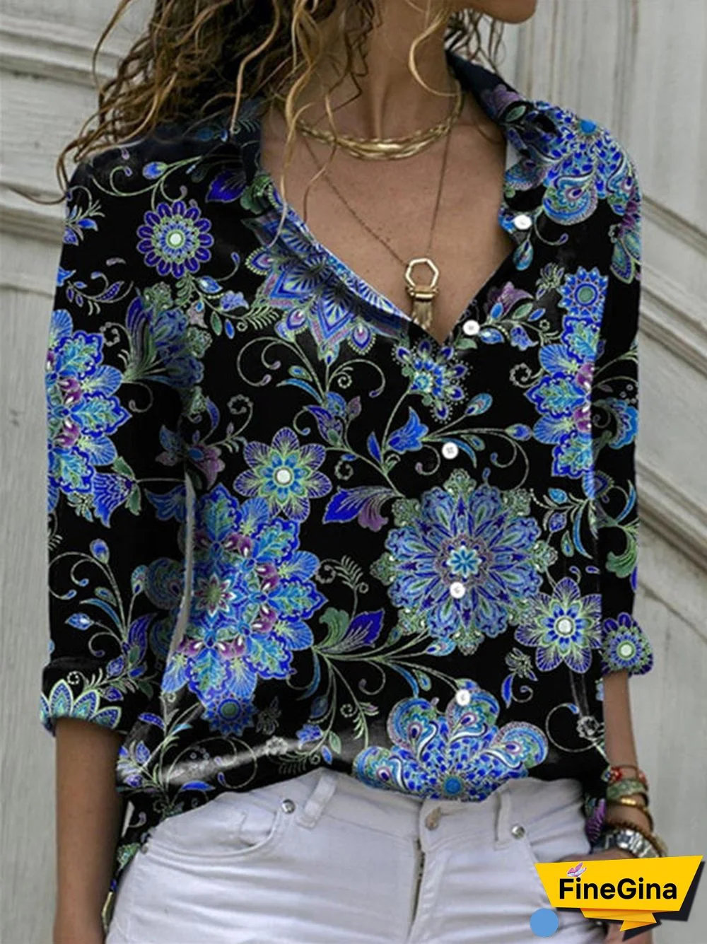 Women's Long Sleeve V-neck Floral Printed Top