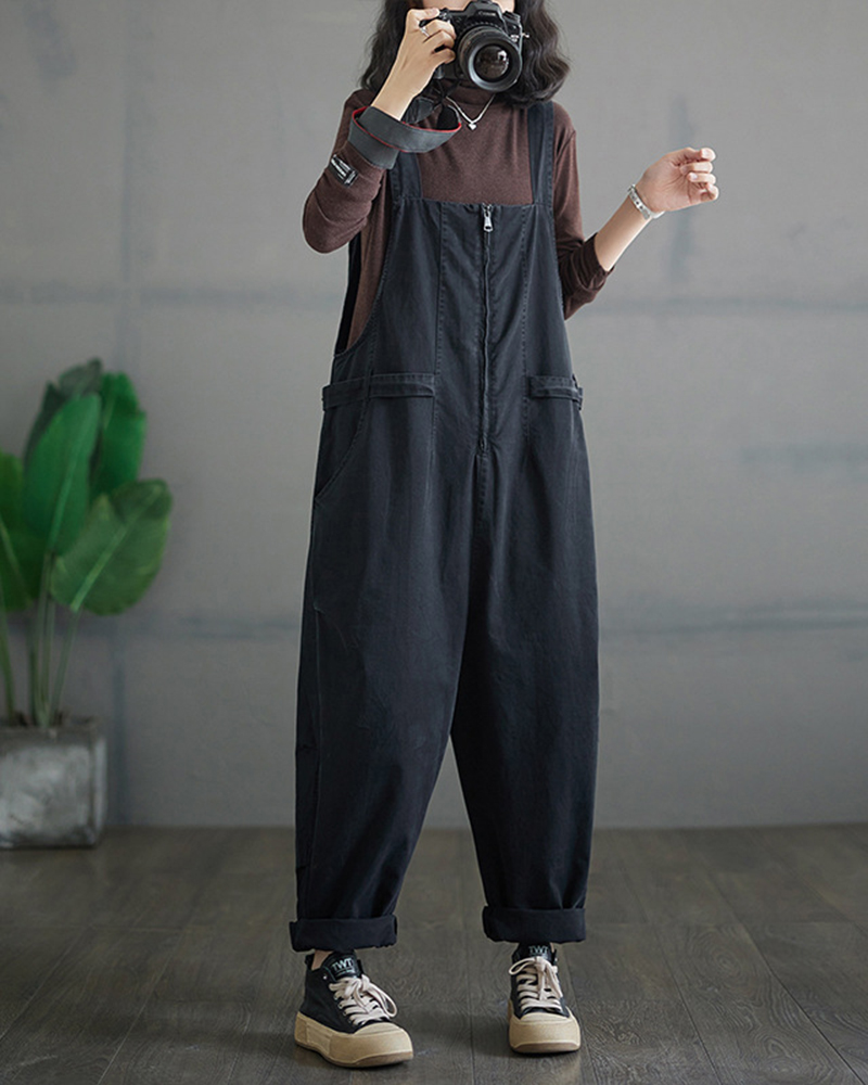 Wide Shoulder Strap Front Zipper Side Pockets Loose Jumpsuit