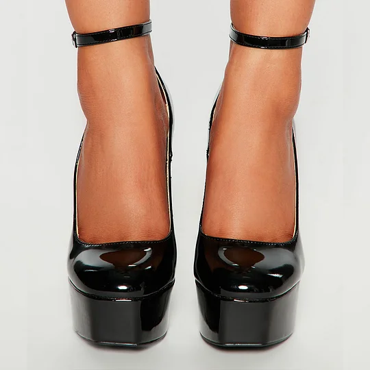 Black Patent Leather Closed Toe Chunky Heel Platform Ankle Strap Pumps