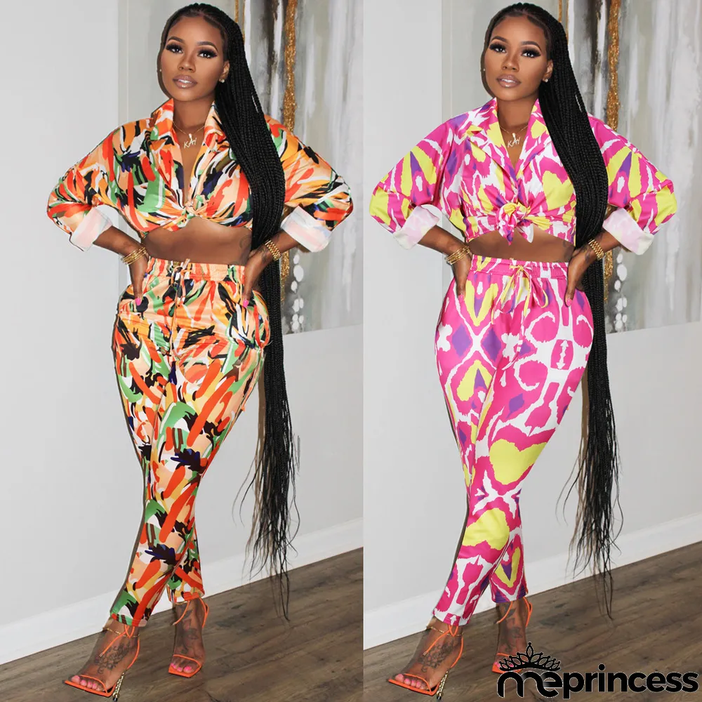 Spring/Summer Knotted Crop Print Turndown Collar Shirt Pants Suit Fall/Winter Women's Two Piece Set