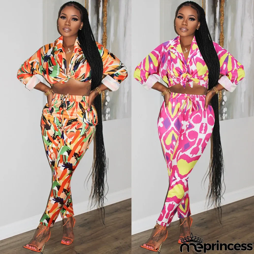 Spring/Summer Knotted Crop Print Turndown Collar Shirt Pants Suit Fall/Winter Women's Two Piece Set