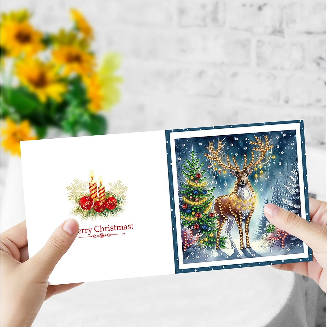 6pcs DIY Christmas Deer DIY Diamond Painting Greeting Card for Friends Family Gift【With White Envelope】