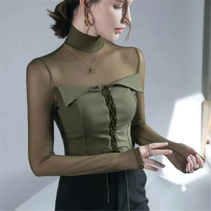 Mesh Stitching T-shirt Translucent Ladies Tees Stretch Retro Turtleneck Bottoming Top Bandage Jumpper Top  Female Tees