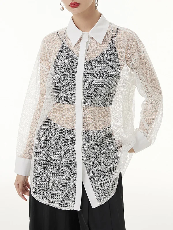 Lacy See-Through Solid Color Long Sleeves Loose Lapel Blouses&shirts Tops