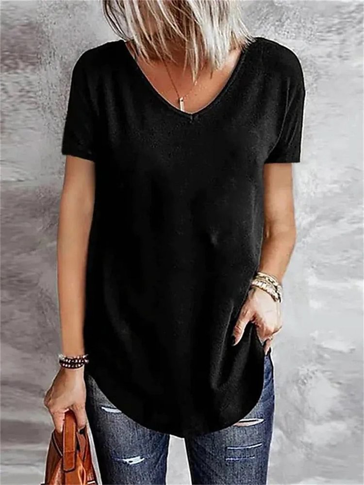 women's V-neck bottoming short-sleeved solid color T-shirt socialshop