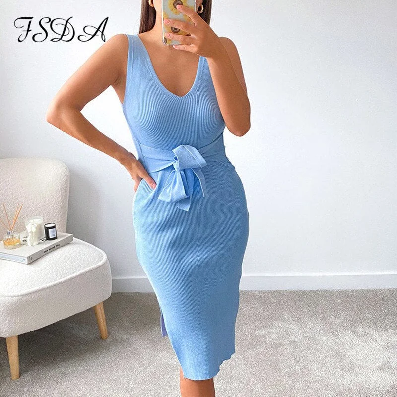 FSDA 2021 Summer Stripe Knitted Bodycon Dress Midi Women Blue Sexy V Neck Elegant Bandage Casual Sleeveless Party Dresses