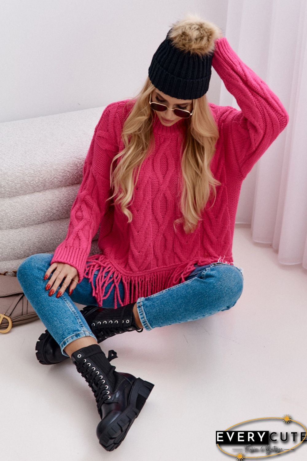 Rose High Neck Cable Knit Tasseled Sweater