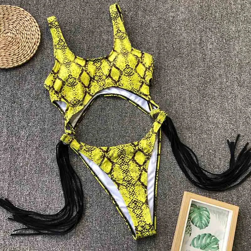 2021 New Sexy Leopard Swimwear Tummy Cut Out One Piece Swimsuit Female Tassel Bather Hollow Out Bathing Suit Swim Wear Lady 3880
