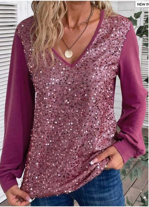 Sequin Dark Reddish Purple V Neck Blouse