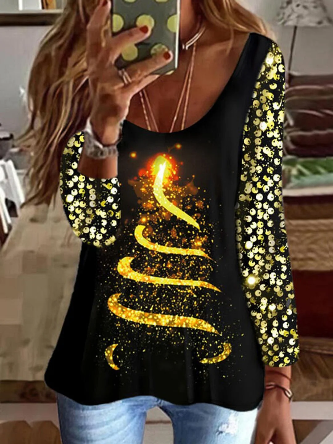V Neck Printed Long Sleeve Loosen Tops