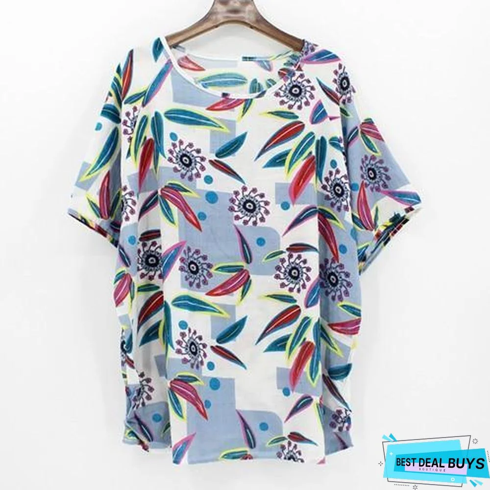 Plus Size Women Batwing Casual Tops Tees Floral Print Cotton Linen Blouses