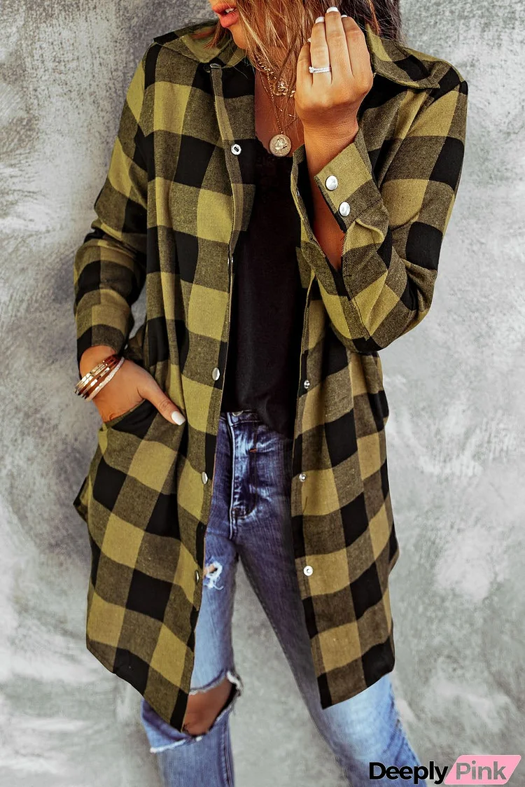 Classic Yellow Turn-down Collar Plaid Shirt Coat