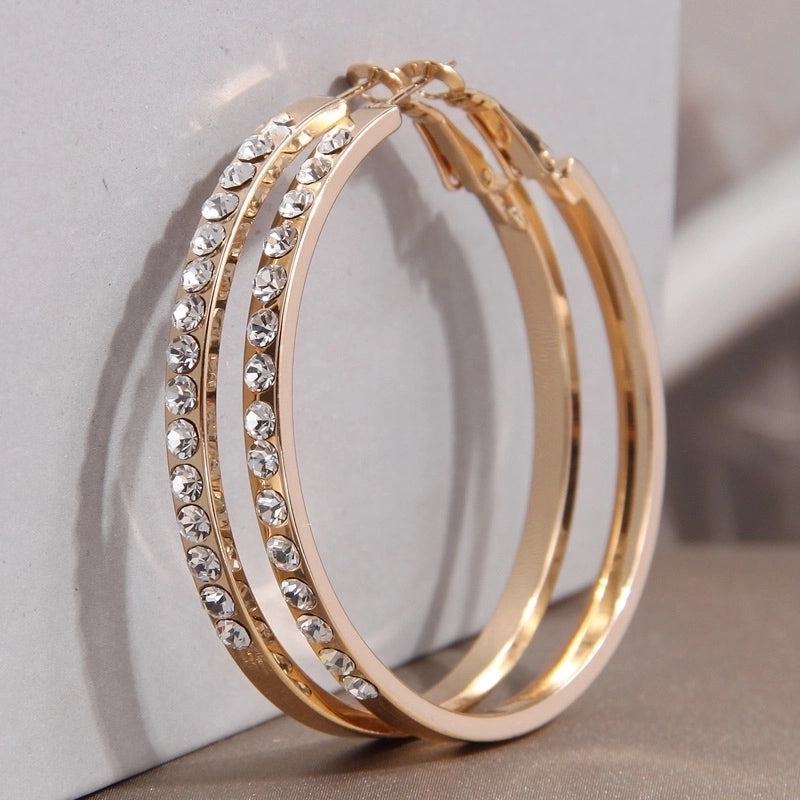 1 Pair Minimalist Round Inlay Steel Rhinestones Hoop Earrings