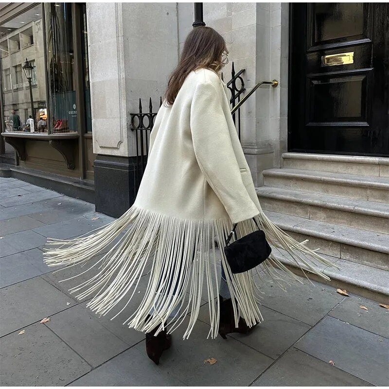 2023 Women's Tassel Wool Fringe Coat - Elegant and Warm Winter Overcoat. Vestes Novas 
