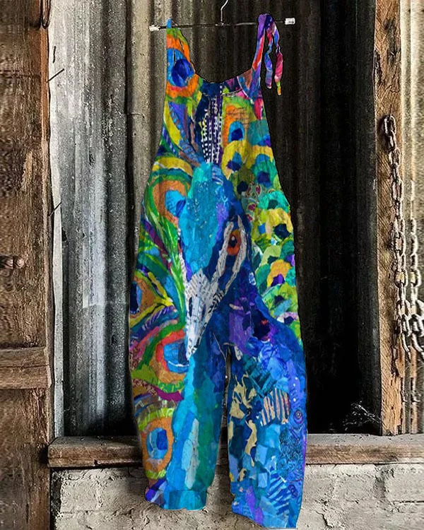 Women's Peacock Pattern Loose Casual Jumpsuit
