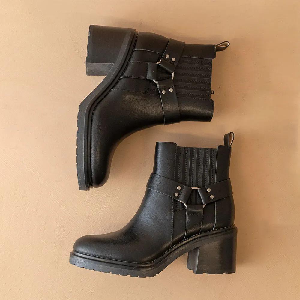 Black Studded Round Toe Block Heel Womens Motorcycle Bootie with Ring