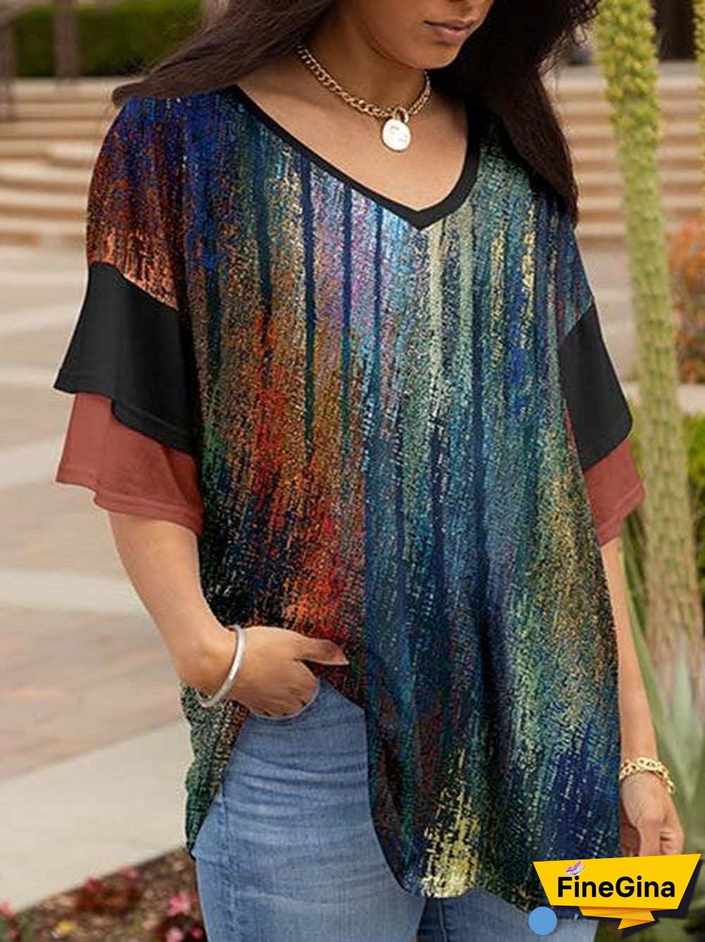 Stitching Gradient Ruffle-Sleeve V-Neck Tunic-Women Plus Size