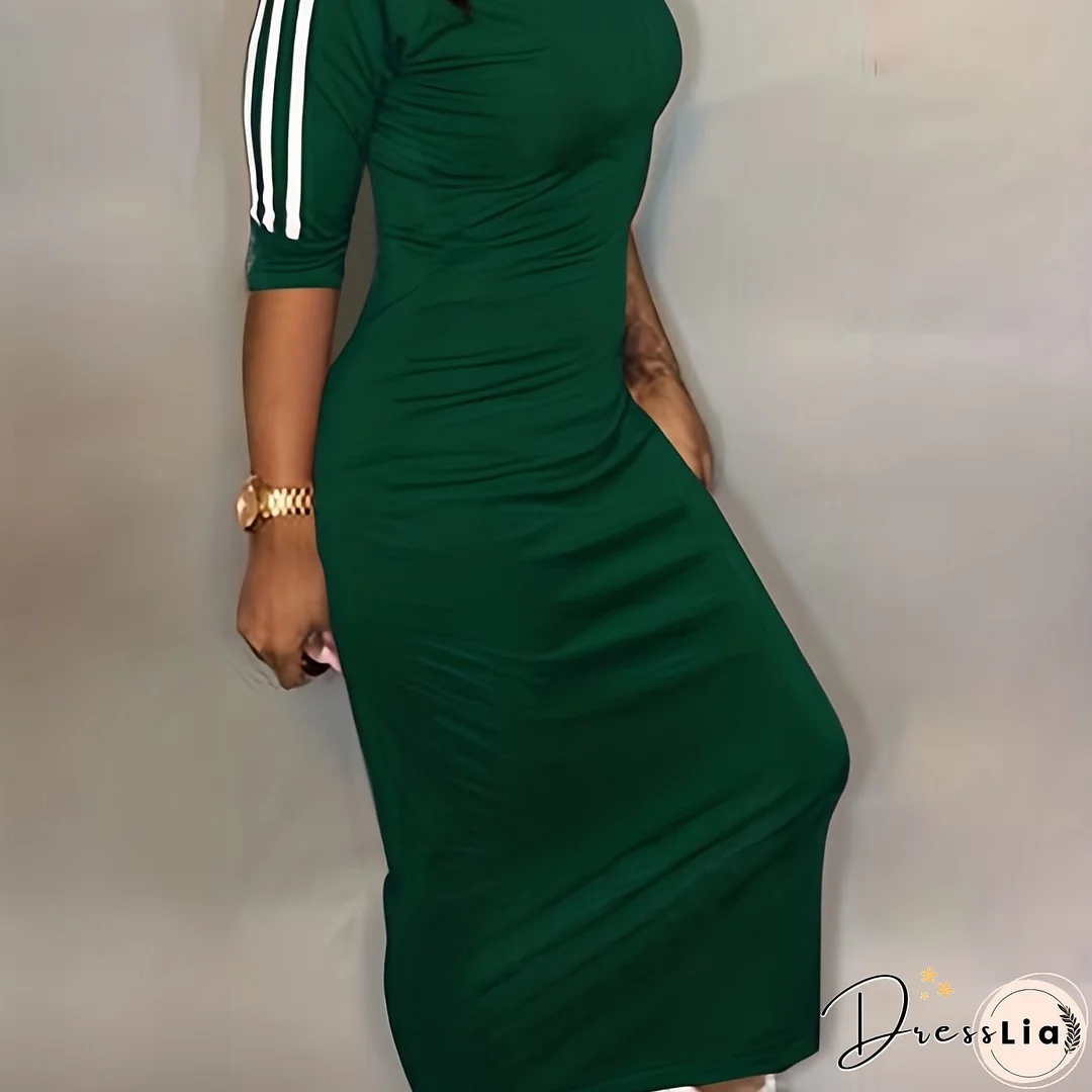 Striped Print Maxi Dress, Casual Crew Neck Dress For Spring & Summer, Women's Clothing