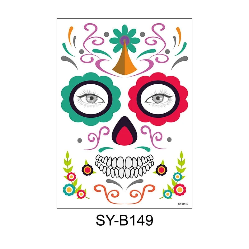 Facial Makeup Sticker Special Waterproof Face Tattoo Day Of The Dead Skull Face Dress Up Halloween Temporary Tattoo Stickers