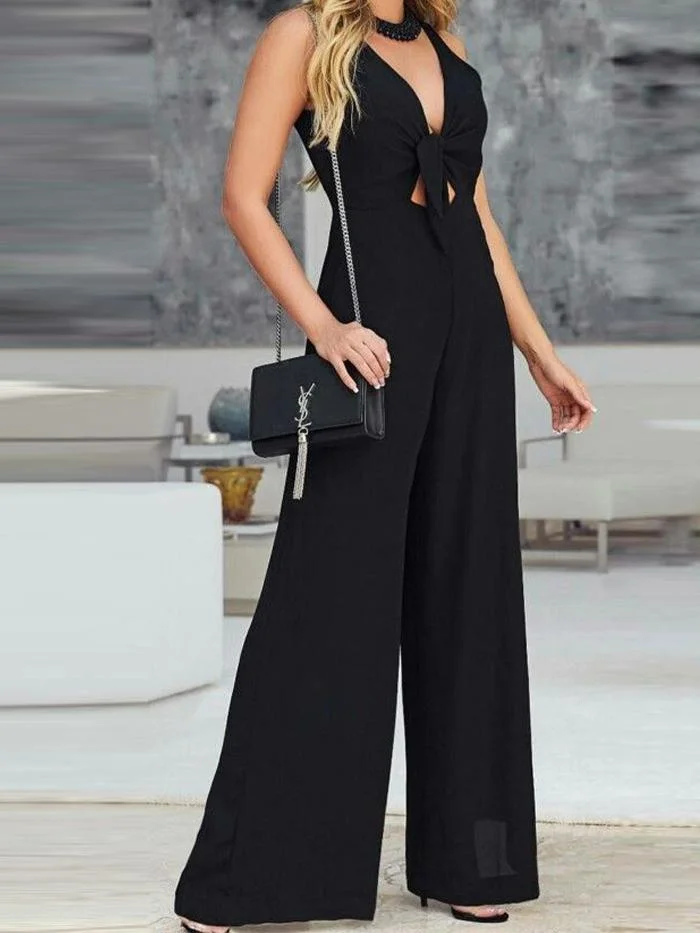 Fashion Chiffon V-neck Mid-waist Jumpsuit