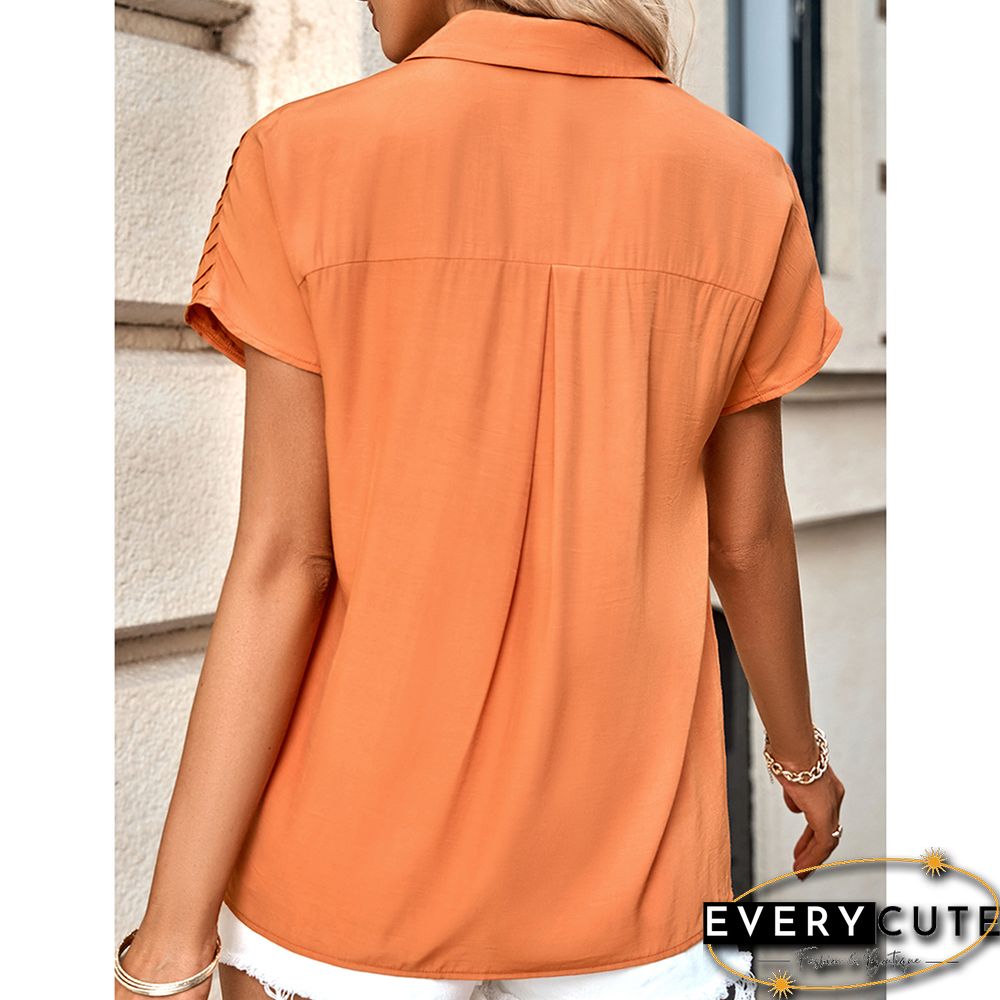 Orange Lapel Button Short Sleeve Pocket Shirt