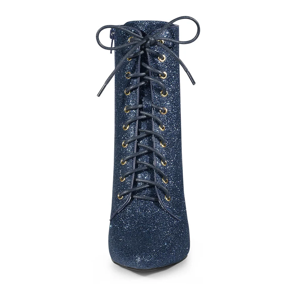 Women's Navy Chunky High Heel Side Zipper Glitter Lace Up Boots