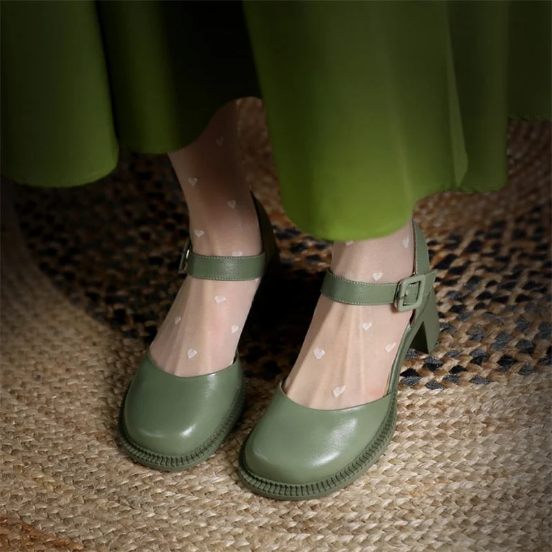 Meotina Genuine Leather Women Slingbacks Shoes Thick Heels Pumps Round Toe Buckle High Heel Ladies Footwear Spring Green 40