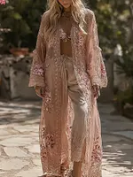 Women's Pink Rose Pattern Casual Long Cardigan