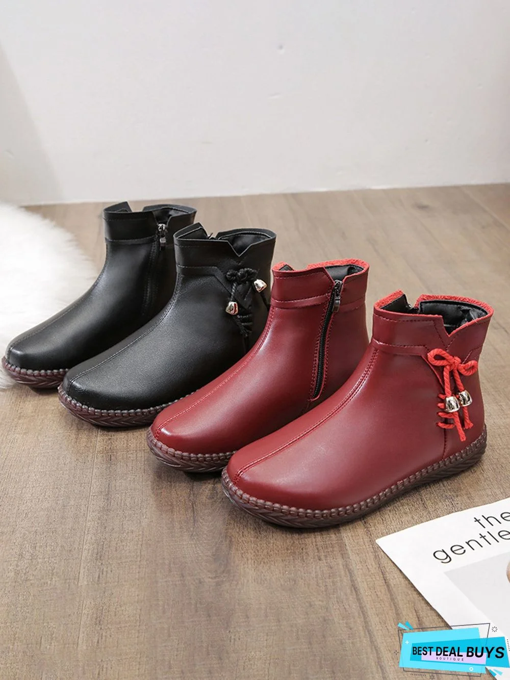 Women's Bow Faux Fur Lined Plain Boots with Zipper