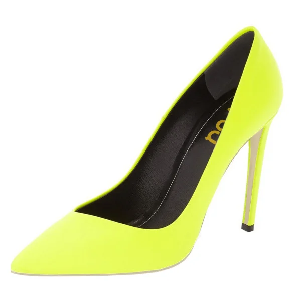 FSJ Neon Yellow Pointed Toe Stiletto Heel Pumps for Women |FSJ Shoes