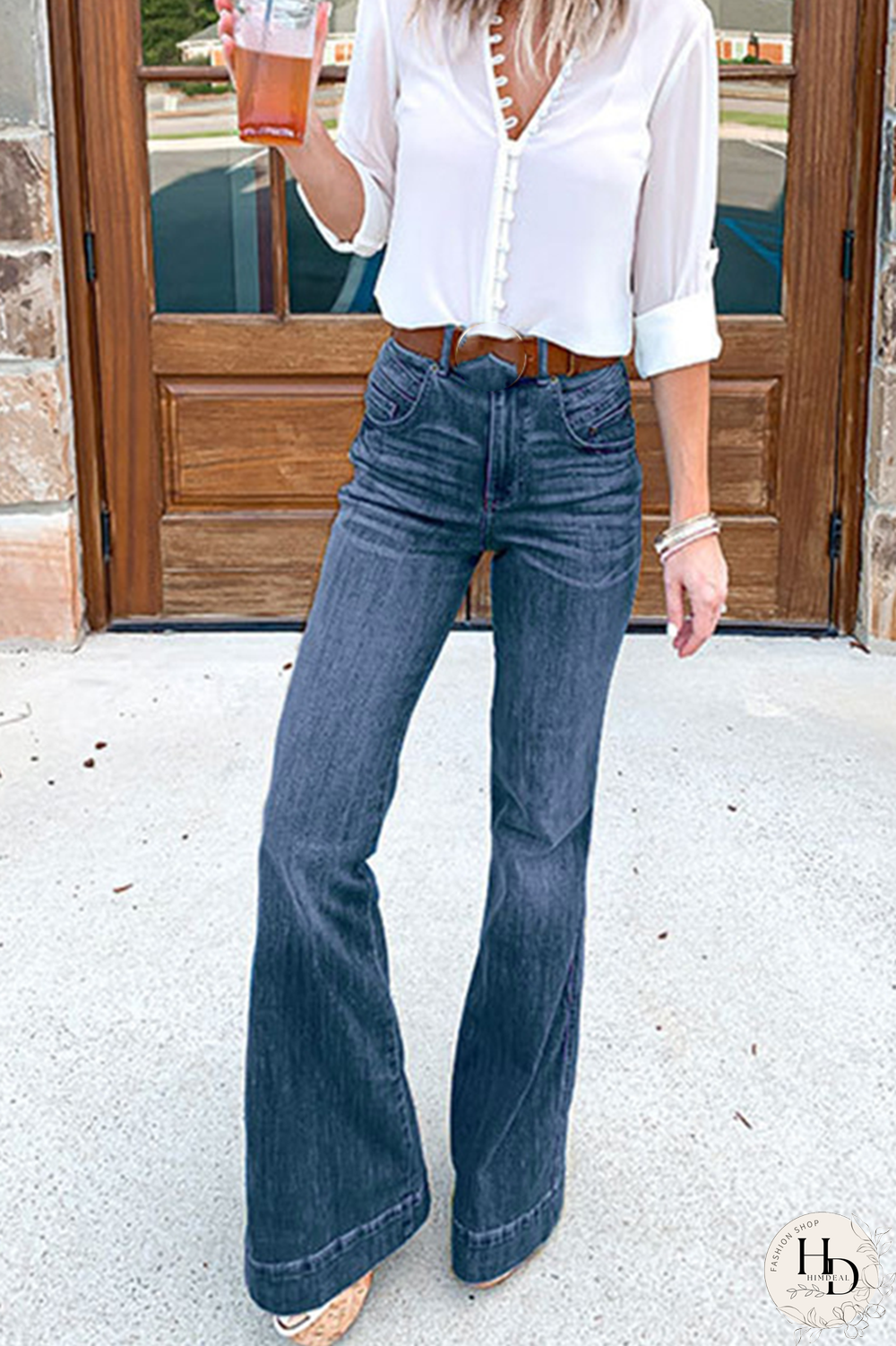 Casual Solid Split Joint Boot Cut Denim Jeans