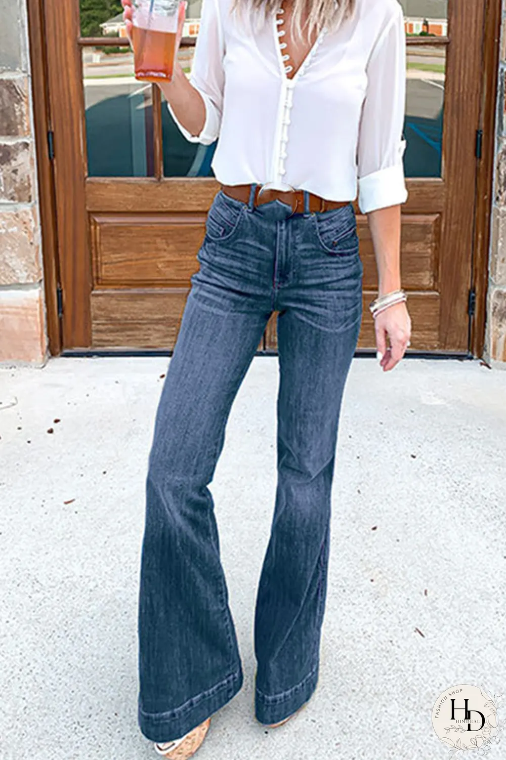Casual Solid Split Joint Boot Cut Denim Jeans
