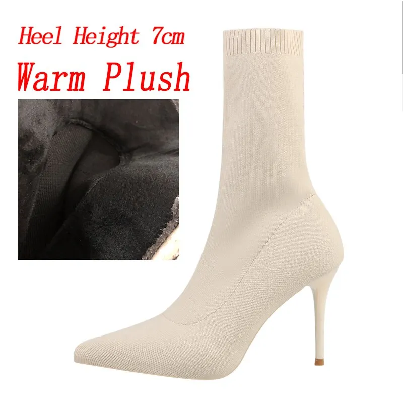 2022 Women Stretch Knitted Sock Boots 7cm 9cm High Heels White Ankle Boots Stripper Low Block Heel Lady Warm Winter Chunky Shoes