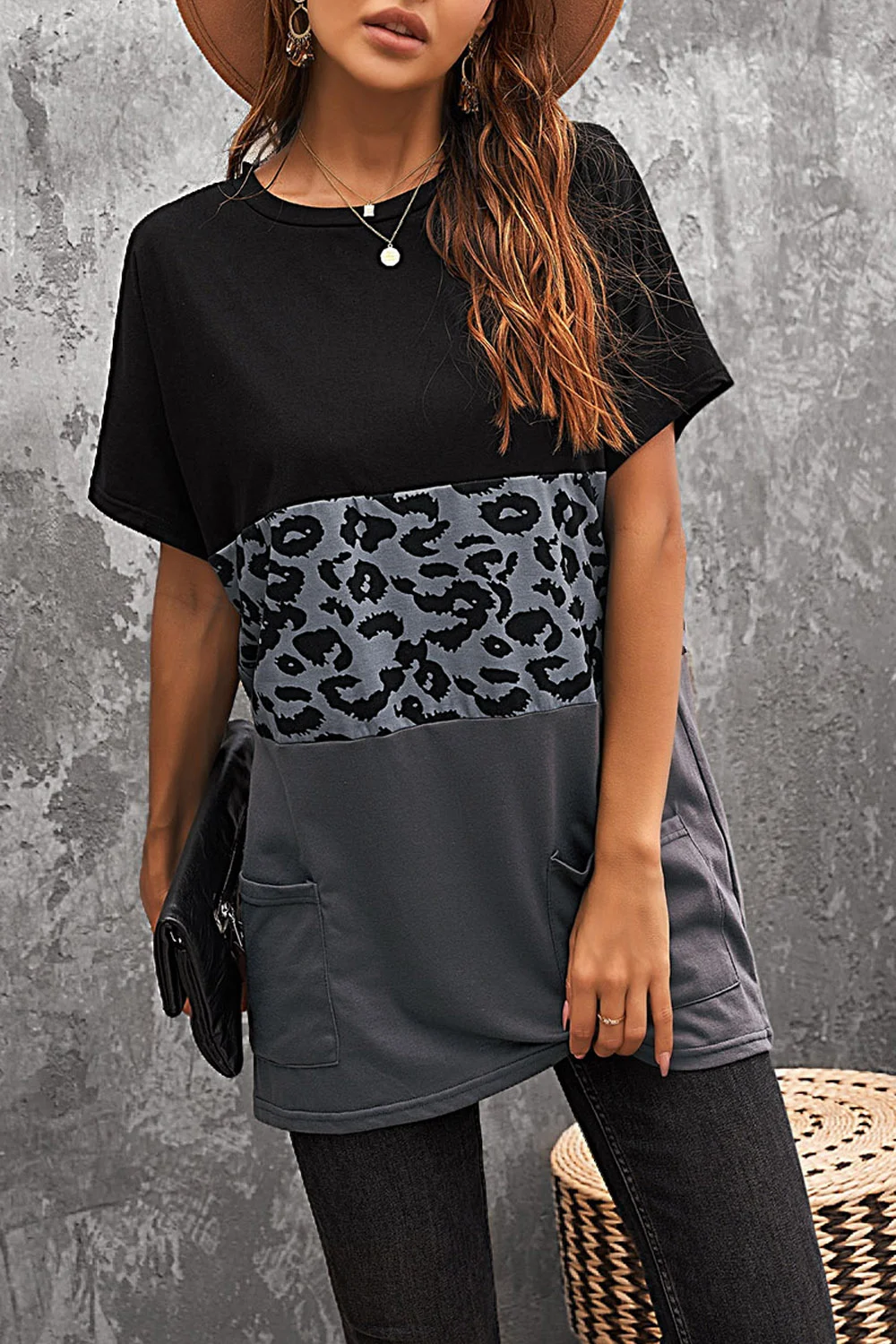 Leopard Triple Colorblock Splicing Short Sleeve Mini Dress with Pockets | IFYHOME