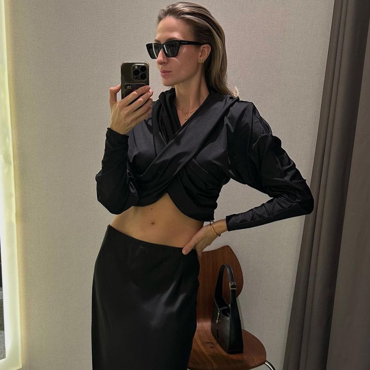 Ootddress Fashion Satin Hoodie Y2k Top For Women Long Sleeve Bandage Patchwork Solid Sexy Vintage Cropped Top Ladies Crop top Tee