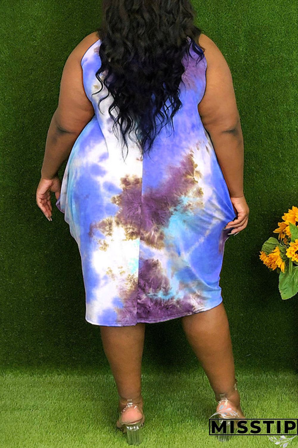 Red Fashion Casual Print Tie-dye Asymmetrical O Neck Vest Dress Plus Size Dresses