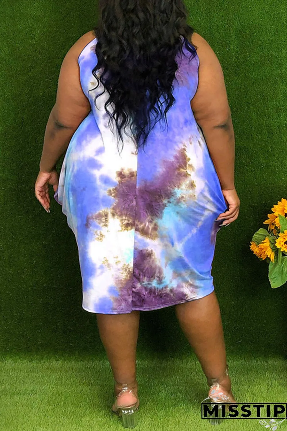 Red Fashion Casual Print Tie-dye Asymmetrical O Neck Vest Dress Plus Size Dresses