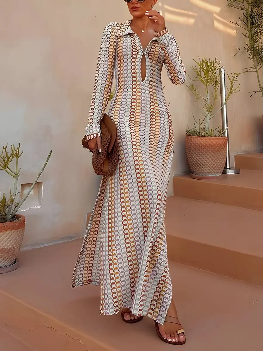 Crocheted Hollow Low-Cut V-neck Slit Long Dress