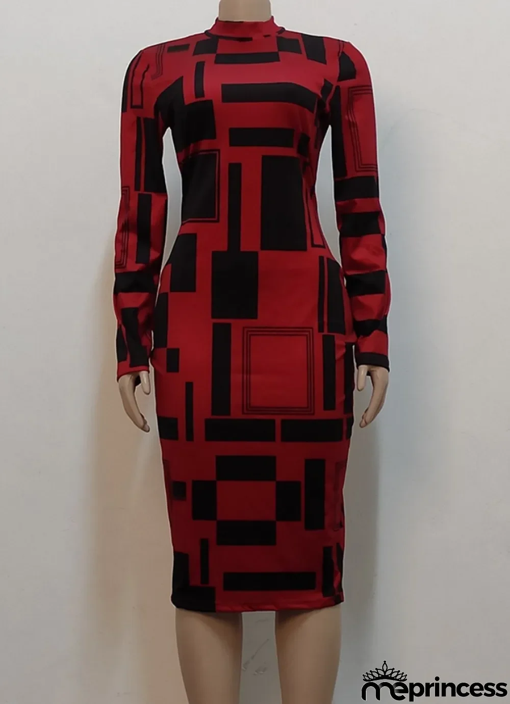 Women Spring Red Modest Turtleneck Full Sleeves Geometric Print Midi Bodycon Dress