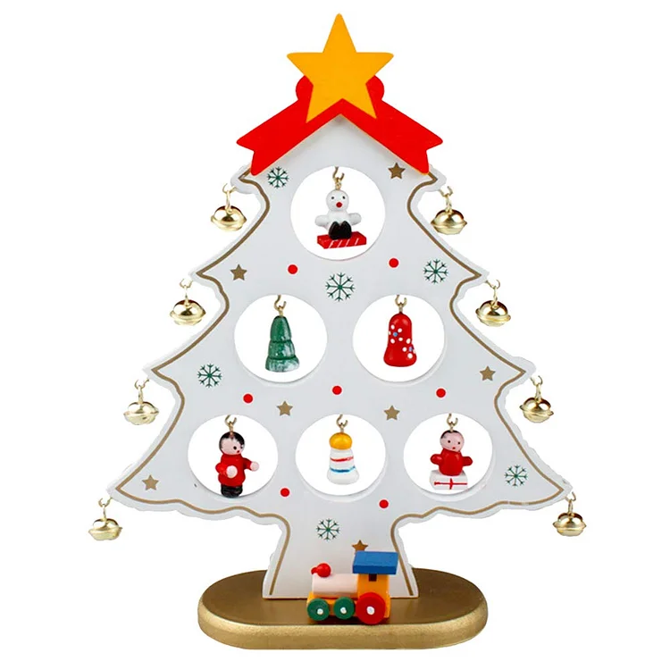 Feelava Wooden Tabletop Christmas Tree Small Desk Xmas Tree with Miniature Ornaments Tabletop DIY Desk Mini Tree Chrismas Decorations for Home Children Gift White