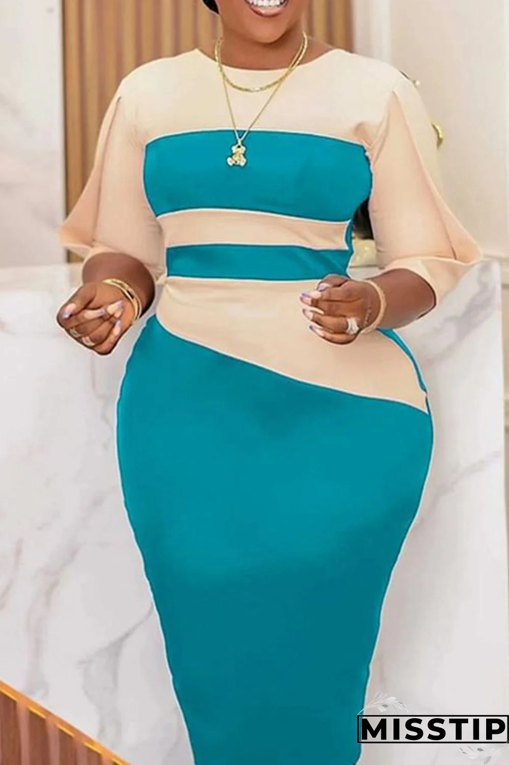 Lake Blue Casual Solid Patchwork O Neck One Step Skirt Dresses