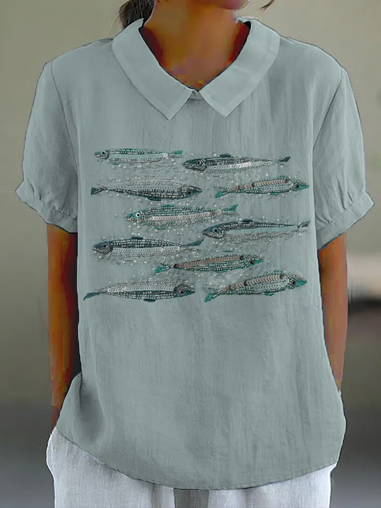Fish Pattern Clothes Women's Ocean Fish Pattern Lapel Shirt