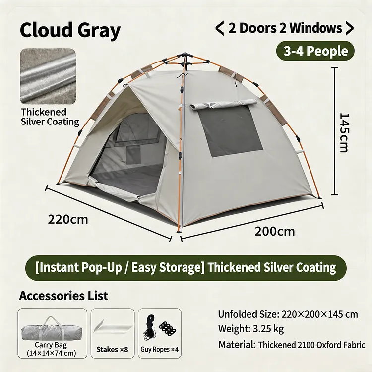 Teslasy Portable Camping Tent for 3&ndash;4 People with Mosquito Mesh Doors & Ground Mat
