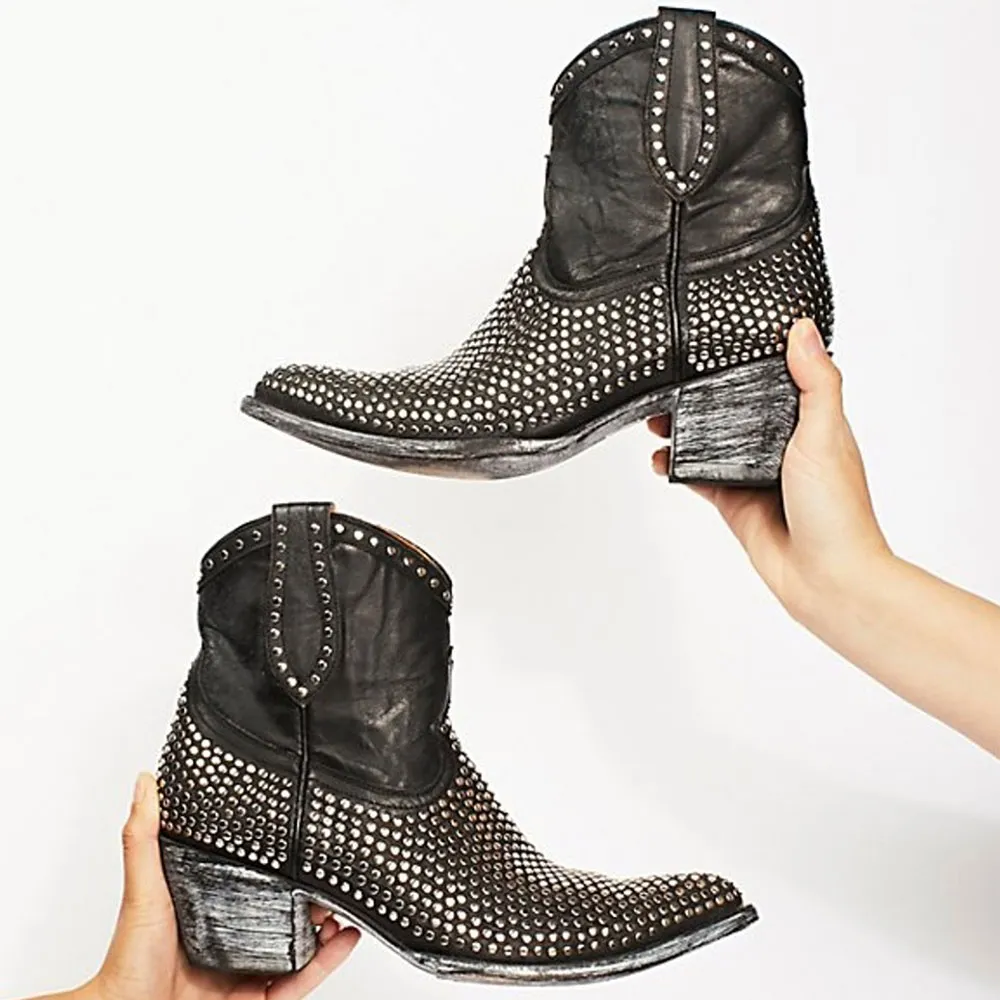 Black Pointed Toe Chunky Heel Side Zipper Studded Cowgirl Boots