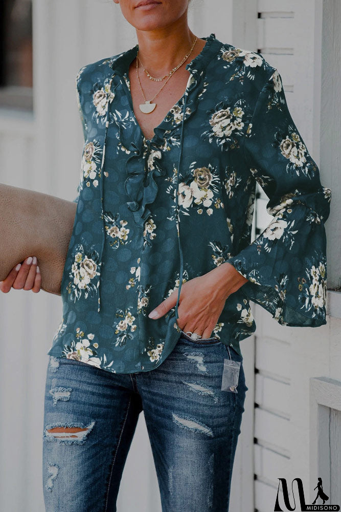 MidiSono - Floral Drawstring Tie Neck Blouse