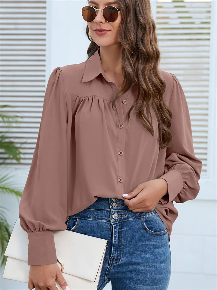 Solid Color Chiffon Shirt Women's Shirt Pleated Long-sleeved Blouse-Cosfine